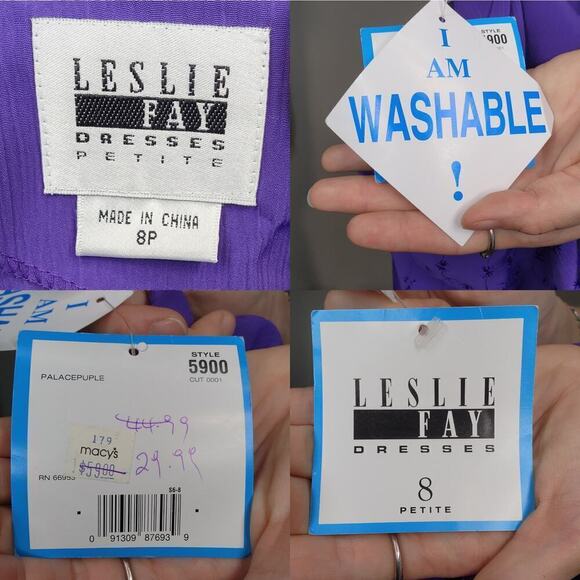 Vtg 80s 90s Leslie Fay NWT Purple Vest Button Up Coquette Tie in Back Dress - Picture 9 of 9